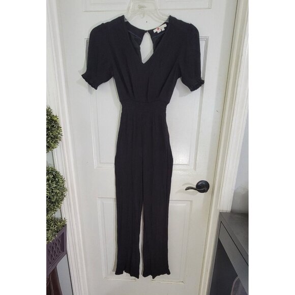 Boden Womens Black Smocked Waist V Neck Jumpsuit Keyhole Back Wide Leg Size 2R - Picture 3 of 8
